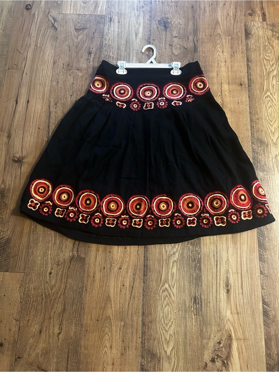 Anthropologie Dresses & Skirts - Anthropologie Black Midi Skirt with Red & Gold Embroidered Circles 100% Wool